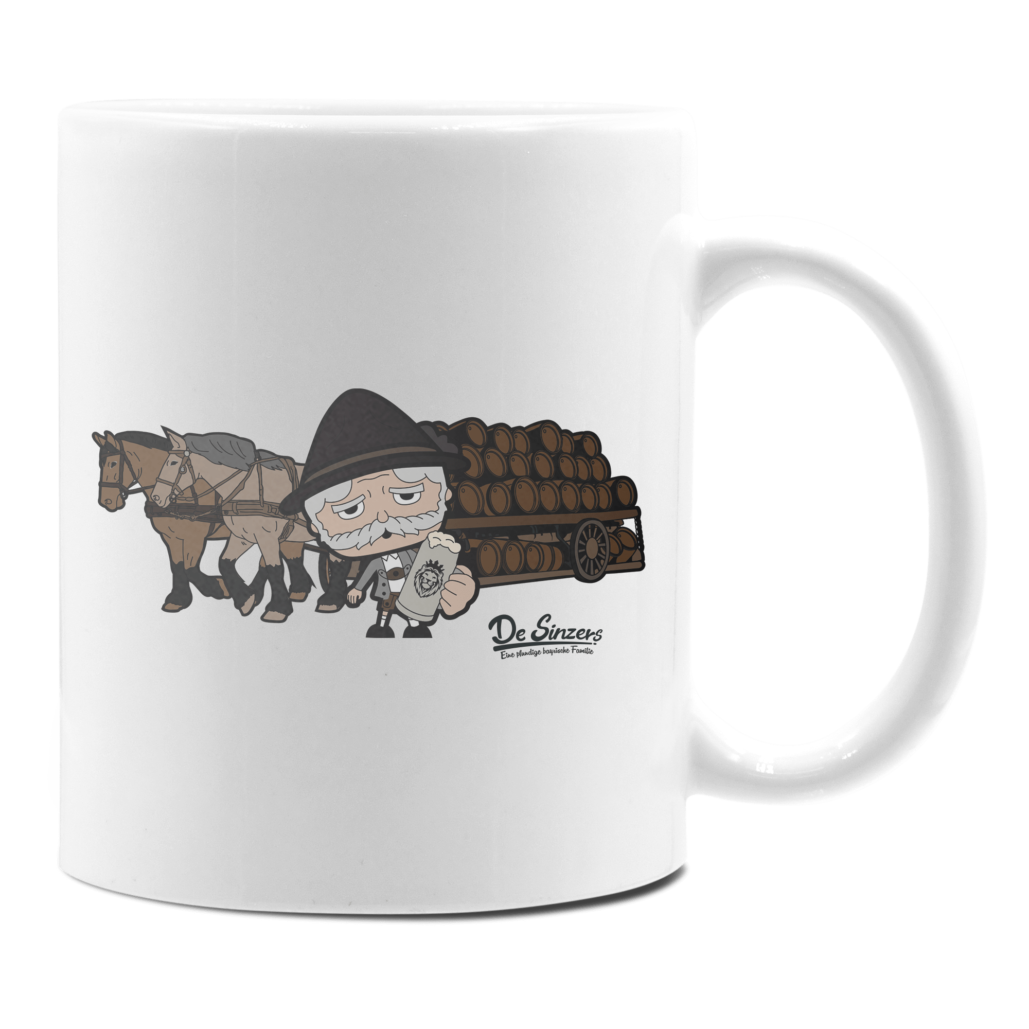 Da Oid Sinzer Pferdegespann Keramik Kaffeetasse 330ml Weiss Rampoldplatte Front