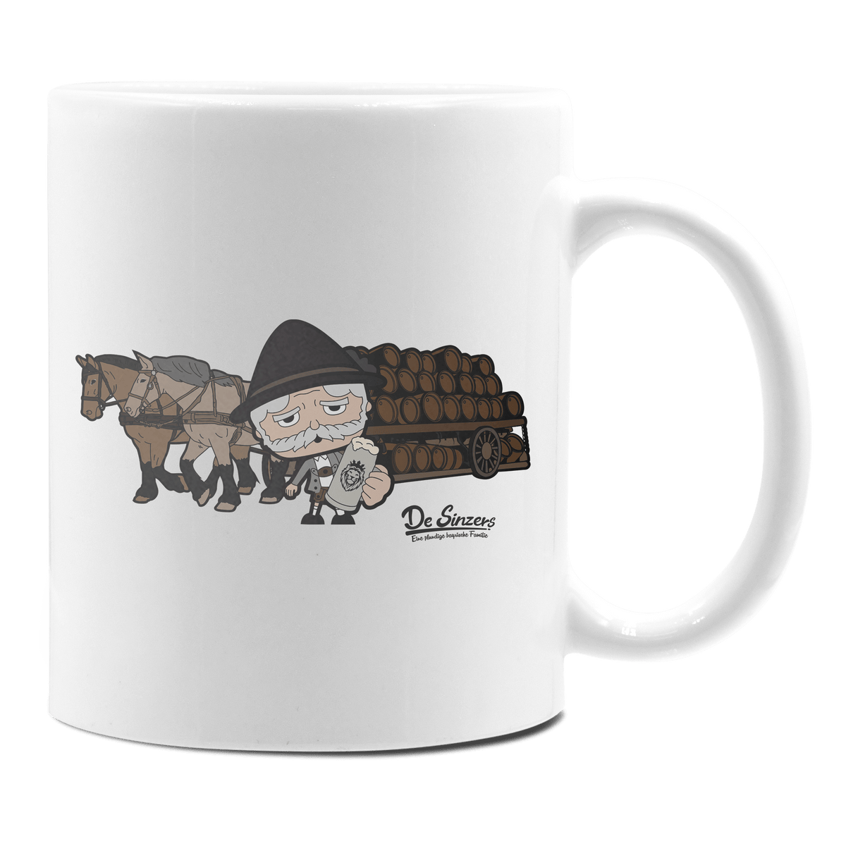 Da Oid Sinzer Pferdegespann Keramik Kaffeetasse 330ml Weiss Rampoldplatte Front