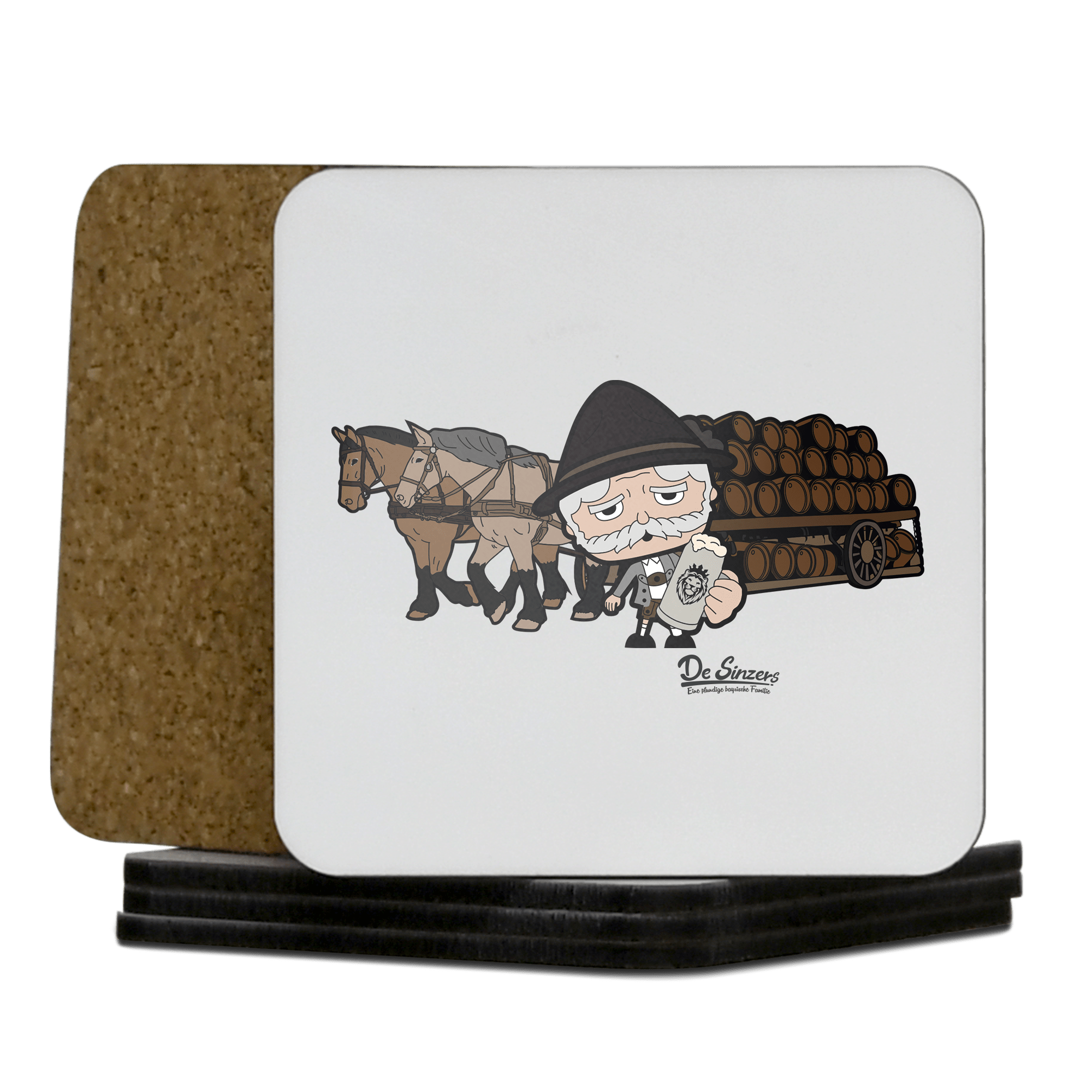 Da Oid Sinzer Pferdegespann Korkuntersetzer 5er Set 95 x 95 mm Weiss Karkopf Front