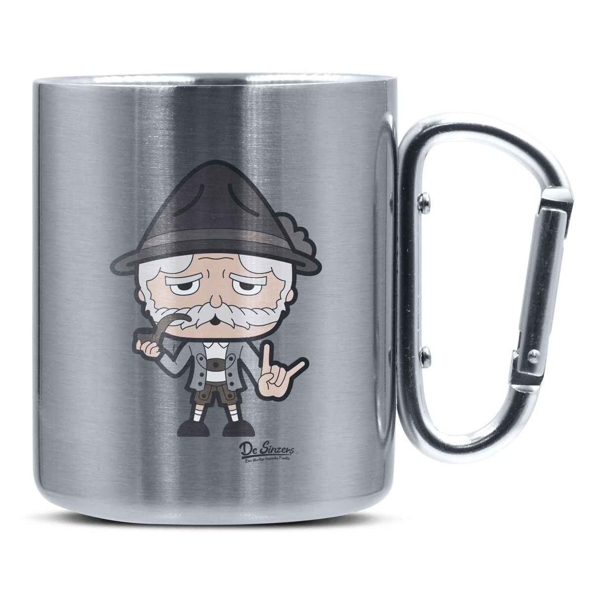 Da Oid Sinzer Rocking Fingers Edelstahl Kaffeetasse silberer Karabiner 320ml Grosser Traithen Front