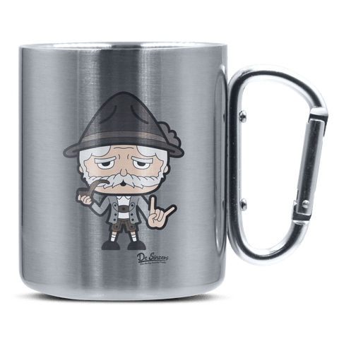Da Oid Sinzer Rocking Fingers Edelstahl Kaffeetasse silberer Karabiner 320ml Grosser Traithen Front