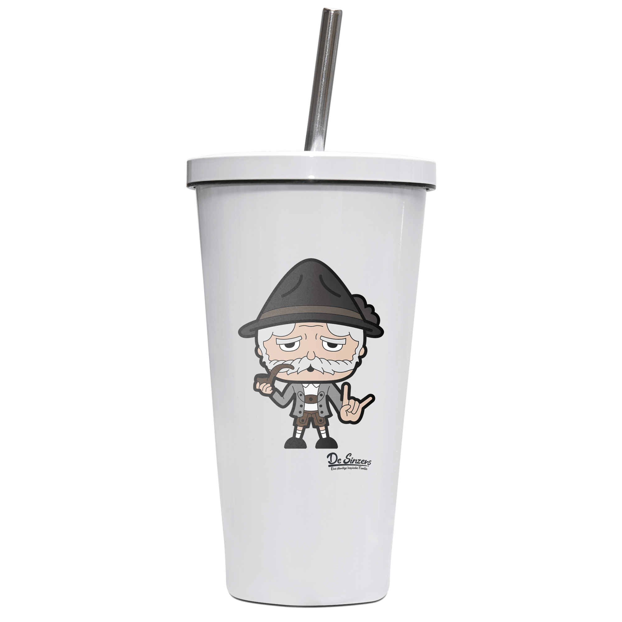 Da Oid Sinzer Rocking Fingers Edelstahl Trinkbecher mit Strohhalm 480ml Weiss Krottenkopf Front