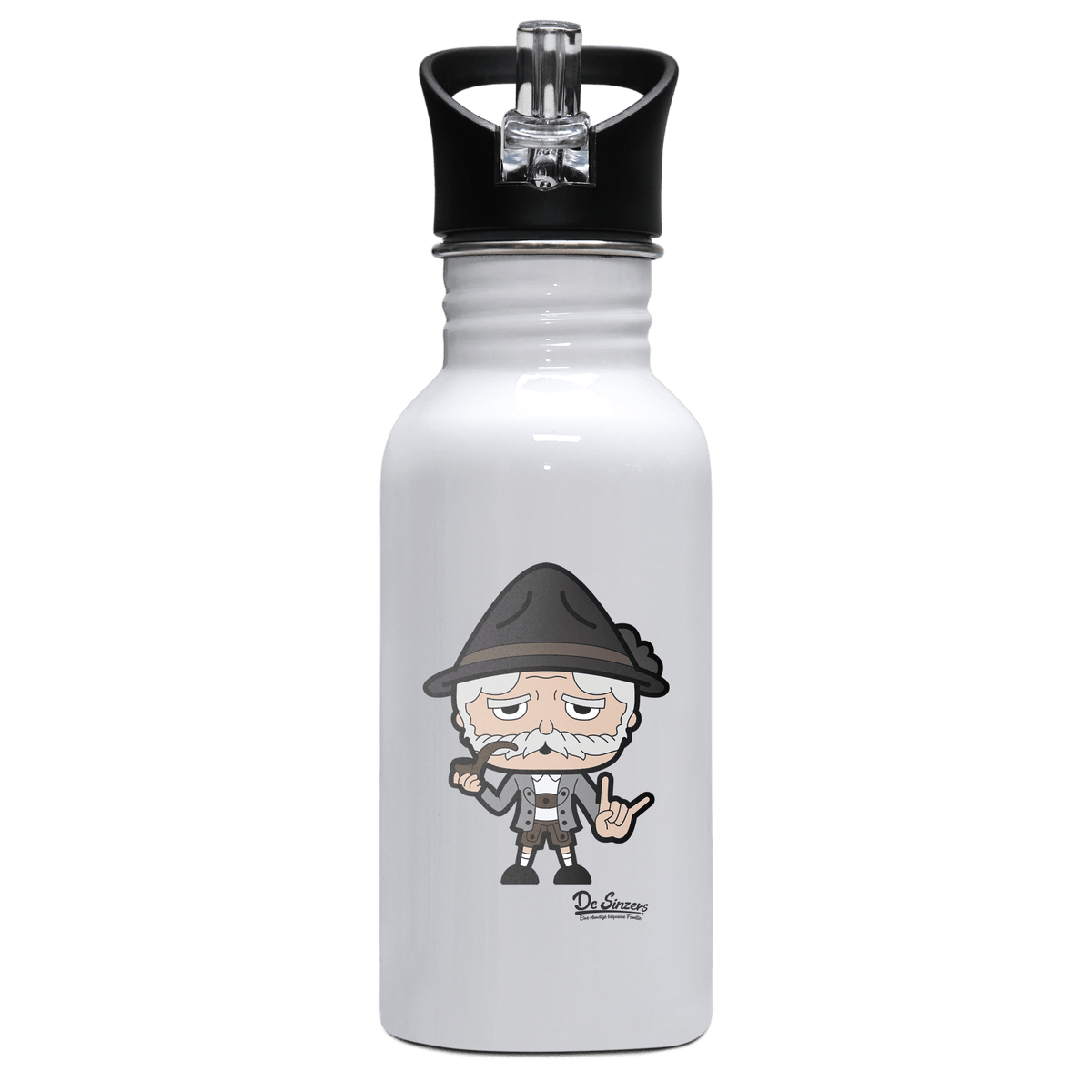 Da Oid Sinzer Rocking Fingers Edelstahl Trinkflasche mit klappbarem Mundstueck 500ml Weiss Rotwand Front