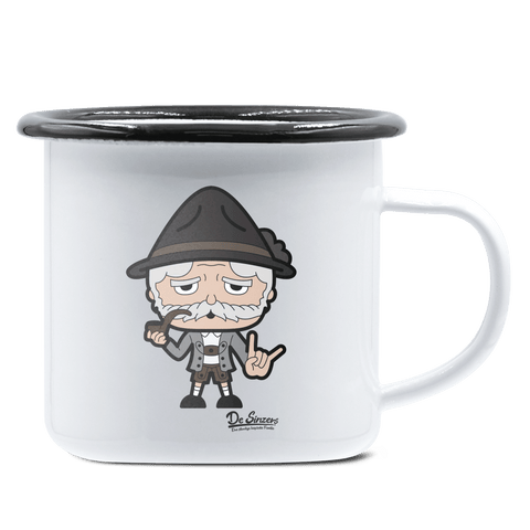 Da Oid Sinzer Rocking Fingers Emaille Tasse 375ml Weiss Schwarz Hochries Front