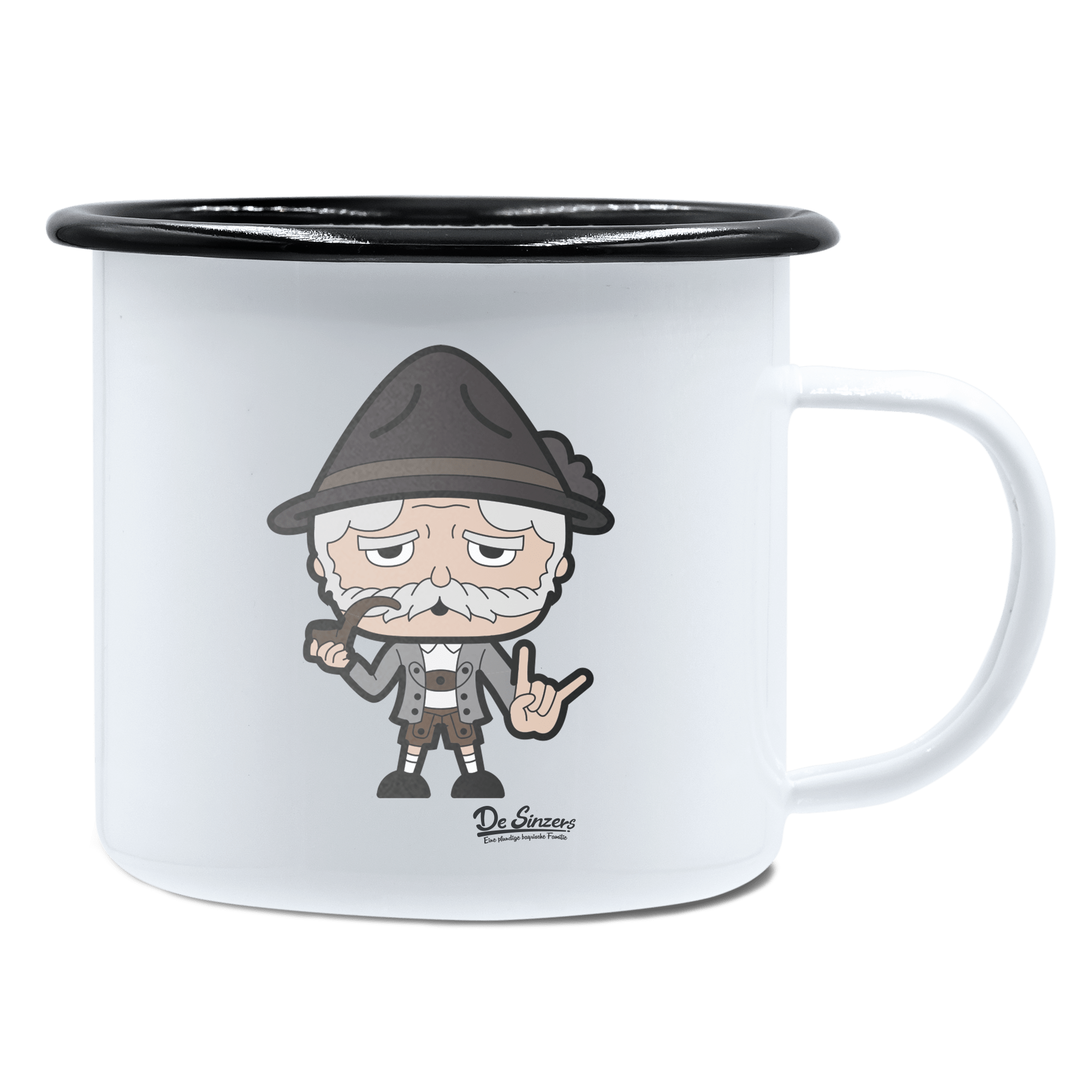 Da Oid Sinzer Rocking Fingers Emaille Tasse 450ml Weiss Schwarz Spitzstein Front