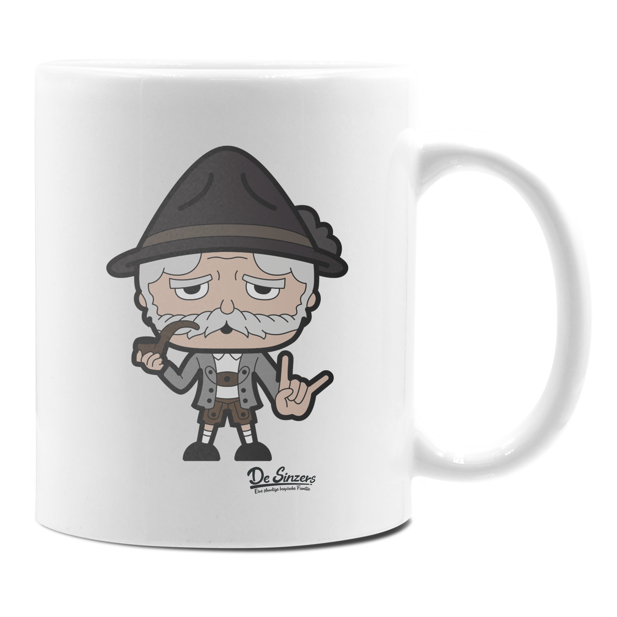 Da Oid Sinzer Rocking Fingers Keramik Kaffeetasse 330ml Weiss Rampoldplatte Front