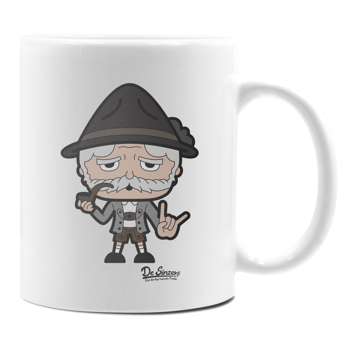 Da Oid Sinzer Rocking Fingers Keramik Kaffeetasse 330ml Weiss Rampoldplatte Front