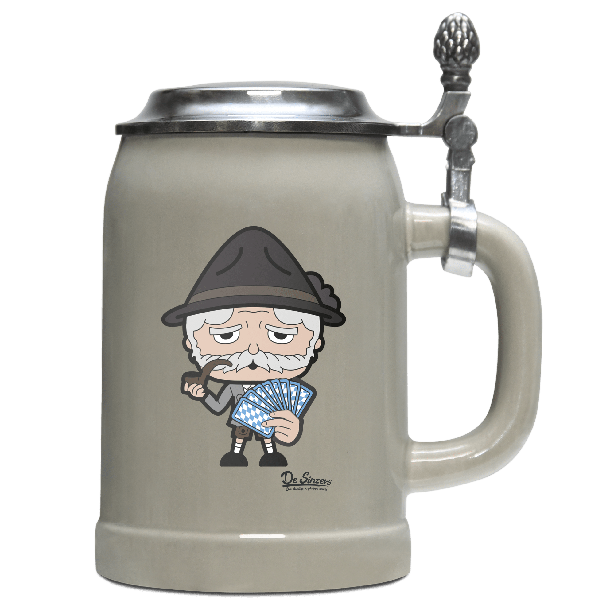 Da Oid Sinzer Schafkopfen Bierkrug 500ml Grau mit Deckel Hocheck Front