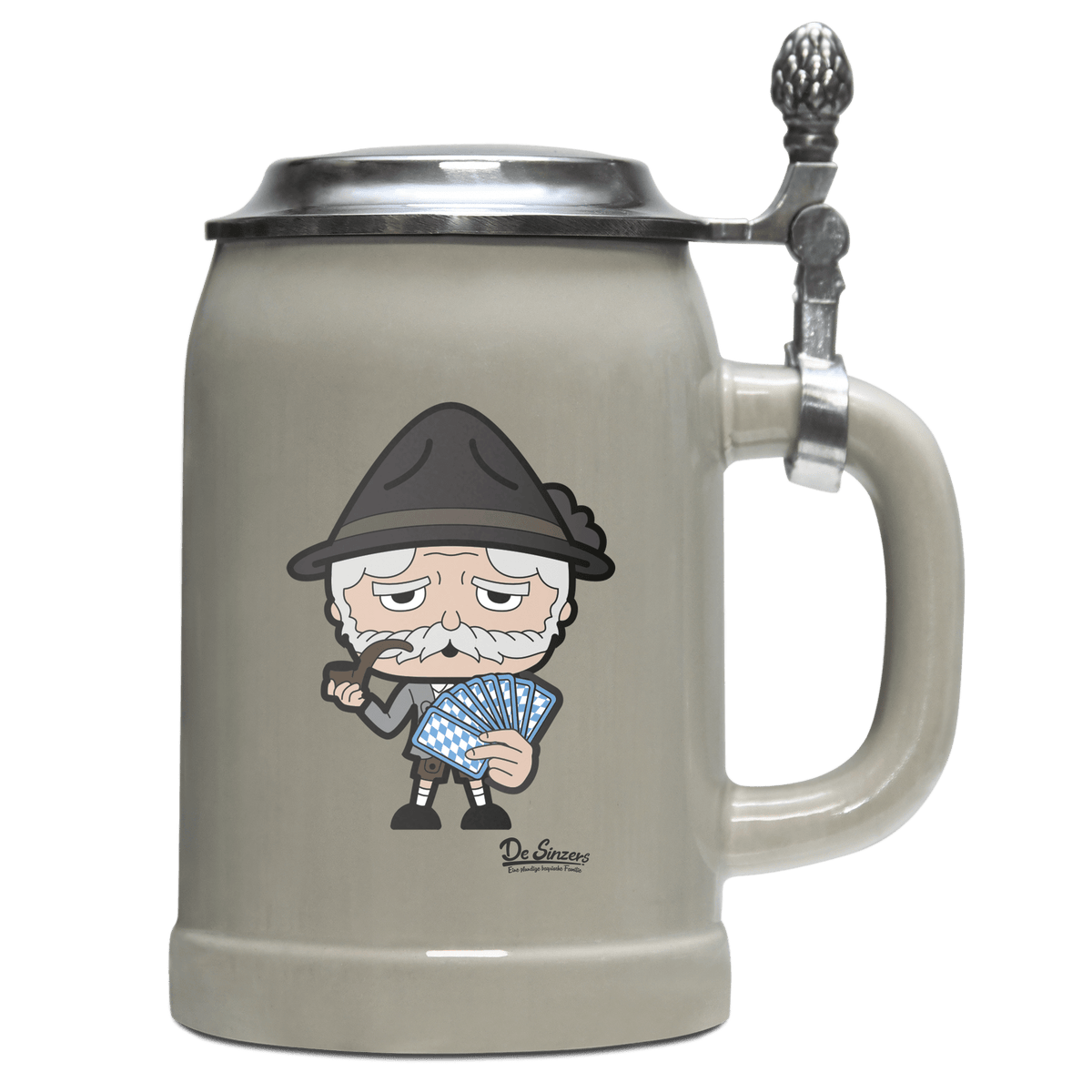 Da Oid Sinzer Schafkopfen Bierkrug 500ml Grau mit Deckel Hocheck Front