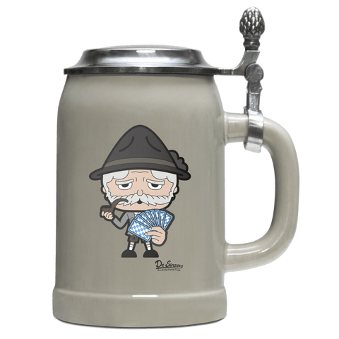 Da Oid Sinzer Schafkopfen Bierkrug 500ml Grau mit Deckel Hocheck Front