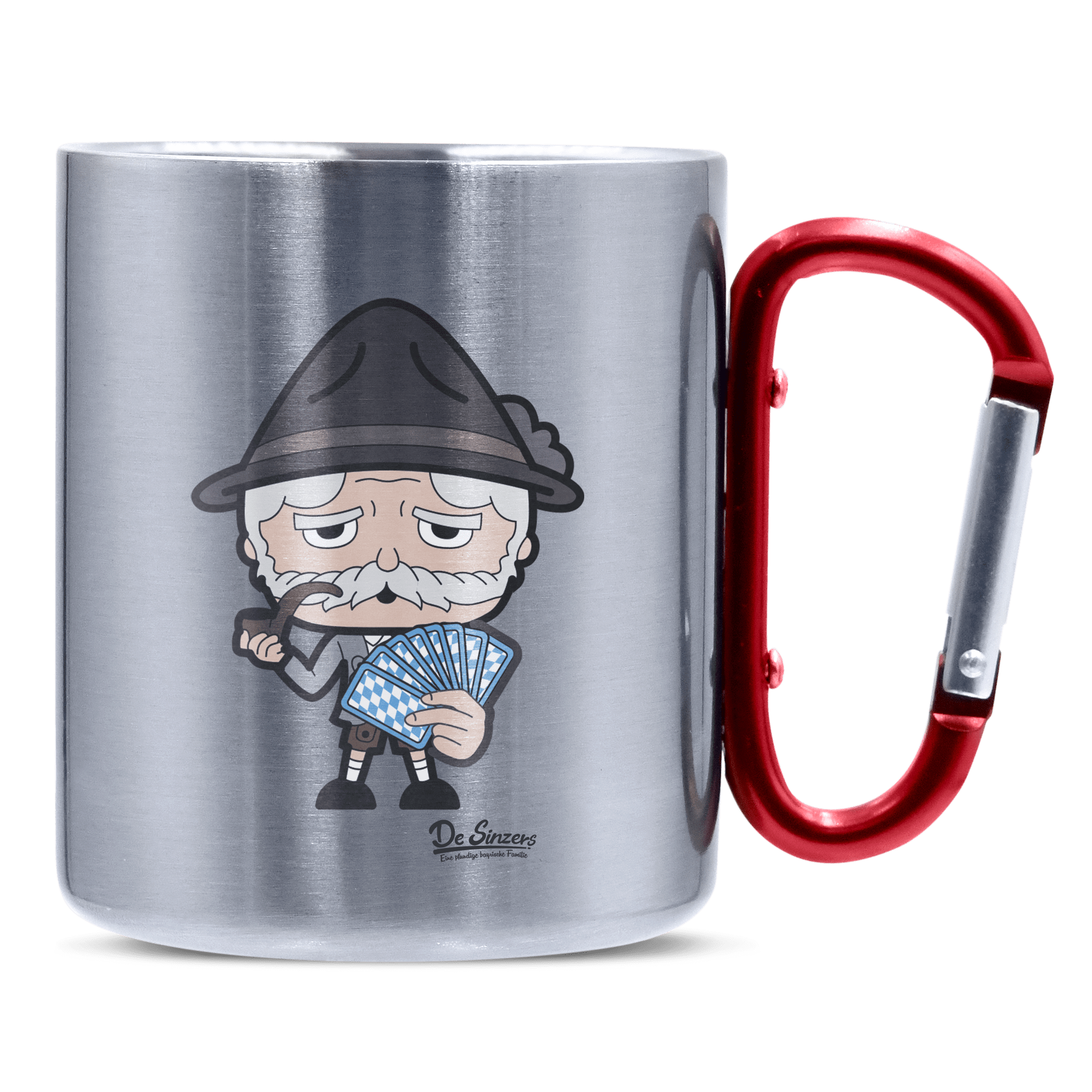 Da Oid Sinzer Schafkopfen Edelstahl Kaffeetasse roter Karabiner 320ml Kitzstein Front