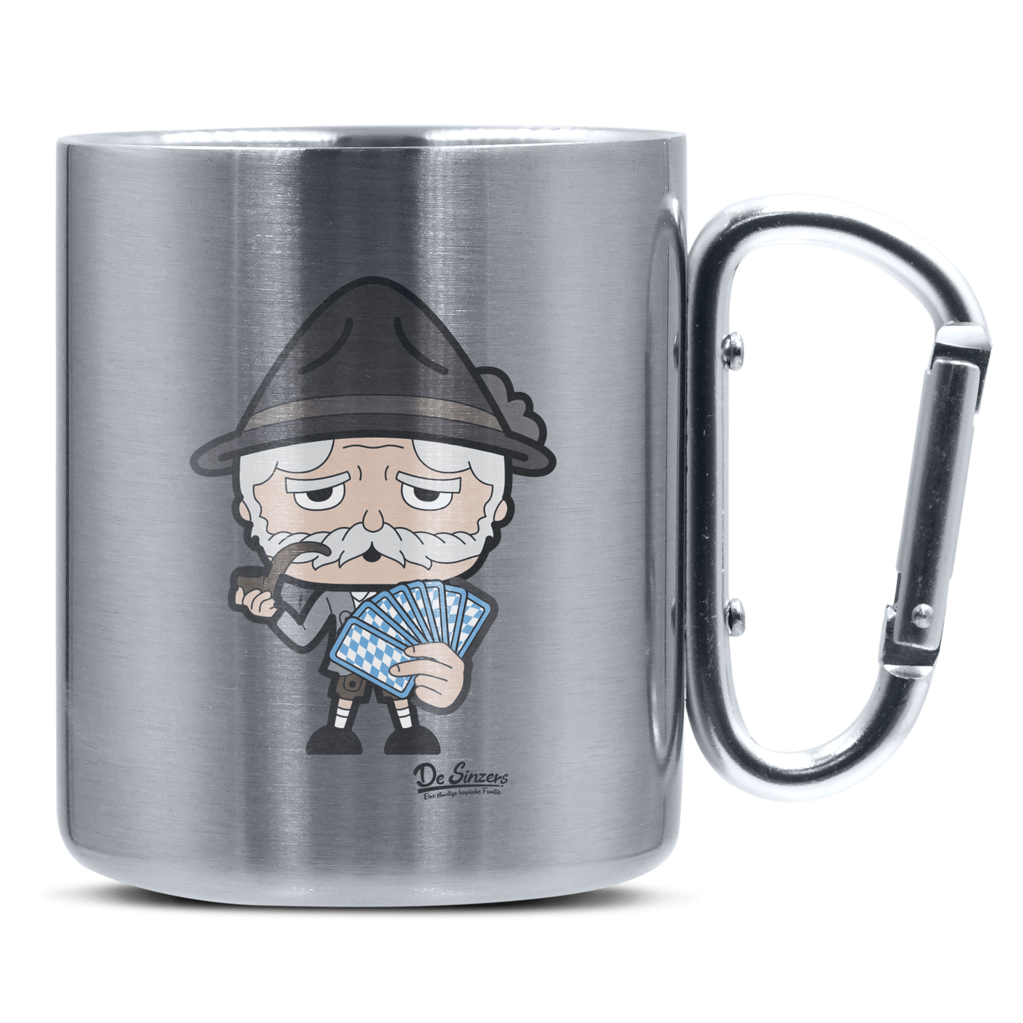 Da Oid Sinzer Schafkopfen Edelstahl Kaffeetasse silberer Karabiner 320ml Grosser Traithen Front