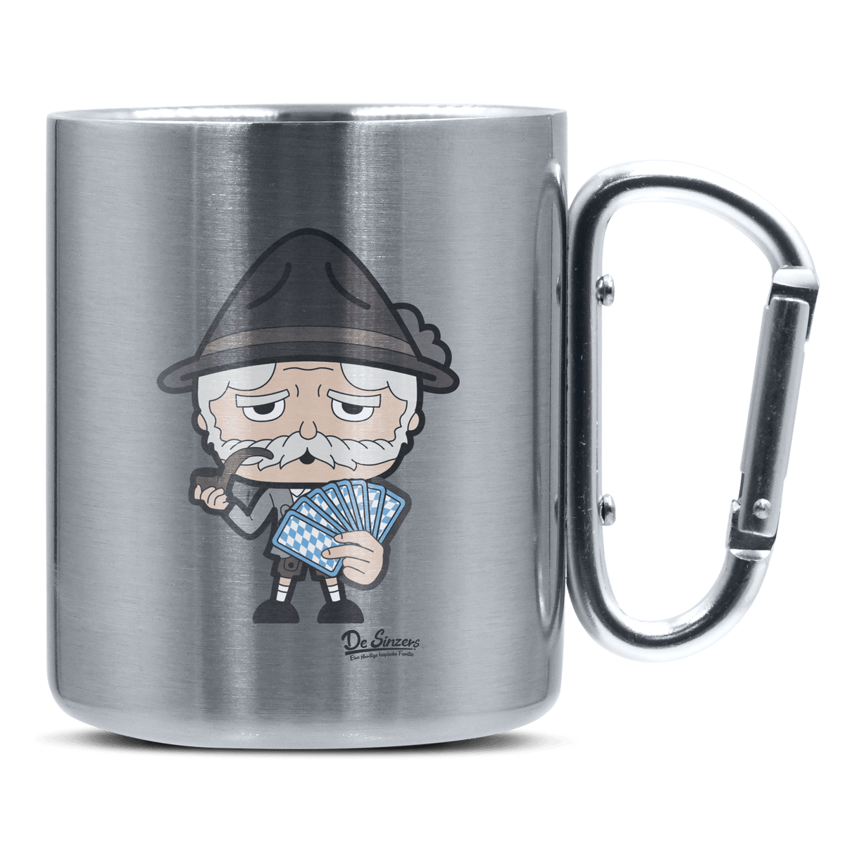 Da Oid Sinzer Schafkopfen Edelstahl Kaffeetasse silberer Karabiner 320ml Grosser Traithen Front