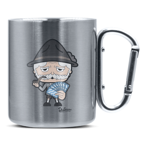 Da Oid Sinzer Schafkopfen Edelstahl Kaffeetasse silberer Karabiner 320ml Grosser Traithen Front