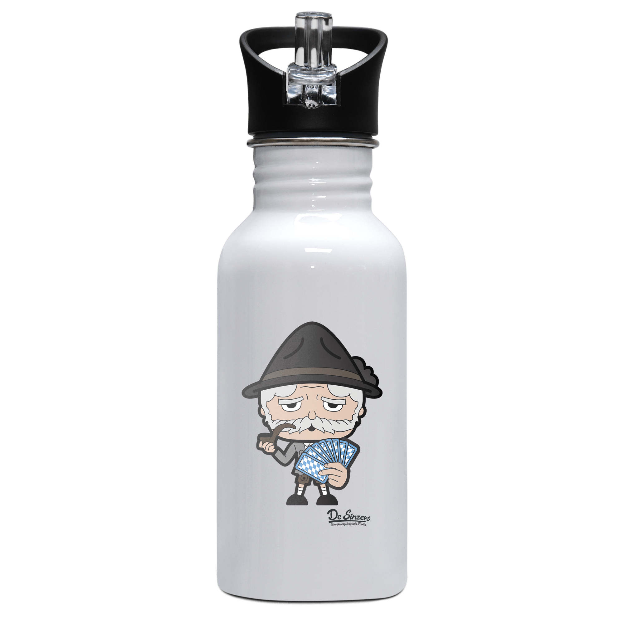Da Oid Sinzer Schafkopfen Edelstahl Trinkflasche mit klappbarem Mundstueck 500ml Weiss Rotwand Front