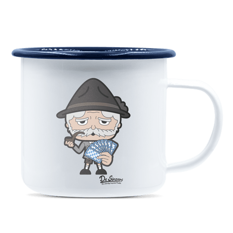 Da Oid Sinzer Schafkopfen Emaille Tasse 375ml Weiss Blau Heuberg Front