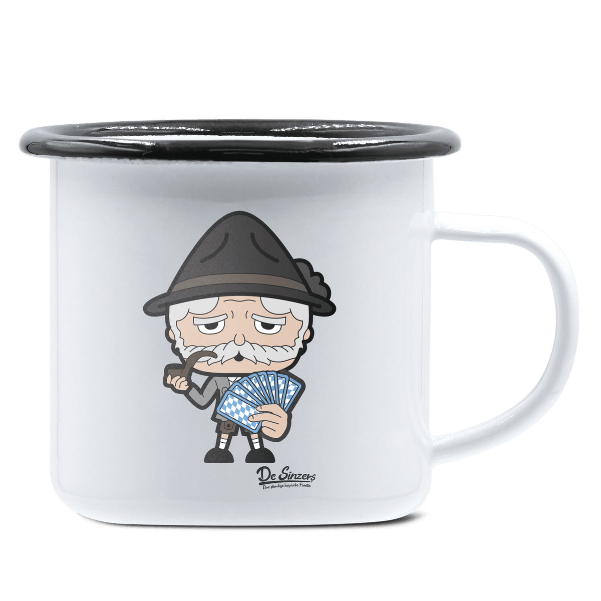 Da Oid Sinzer Schafkopfen Emaille Tasse 375ml Weiss Schwarz Hochries Front