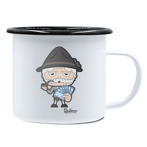 Da Oid Sinzer Schafkopfen Emaille Tasse 450ml Weiss Schwarz Spitzstein Front