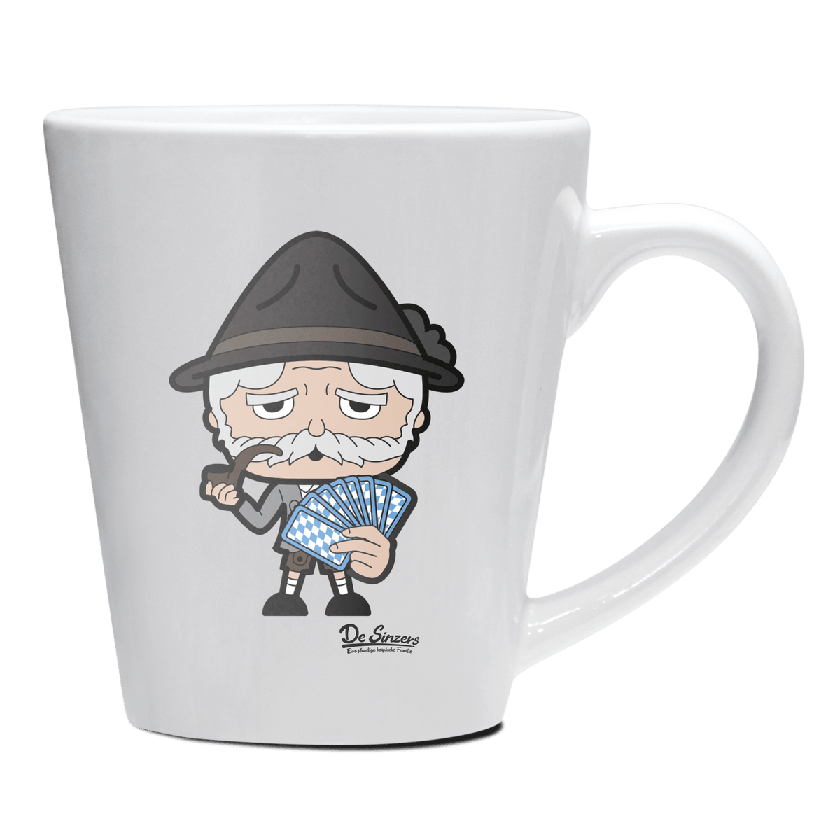 Da Oid Sinzer Schafkopfen Keramik Kaffeetasse 200ml Weiss Herzogstand Front