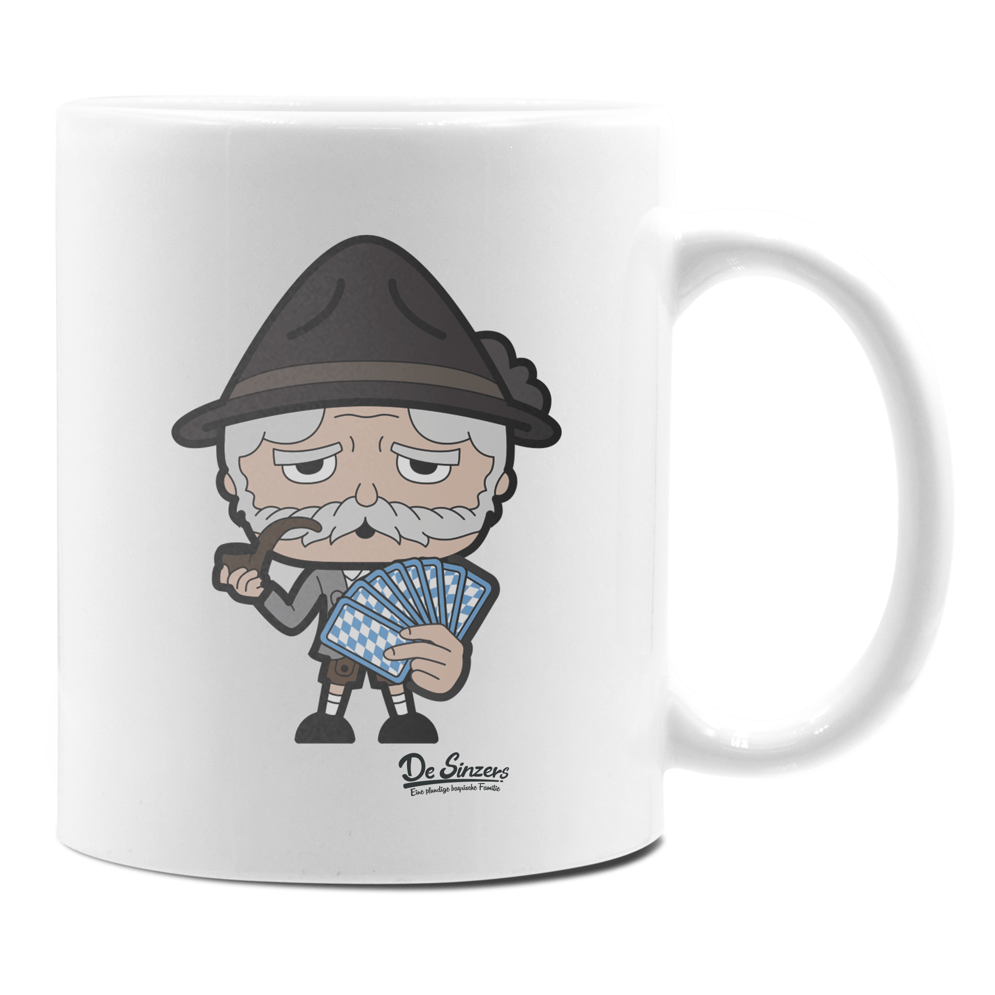 Da Oid Sinzer Schafkopfen Keramik Kaffeetasse 330ml Weiss Rampoldplatte Front