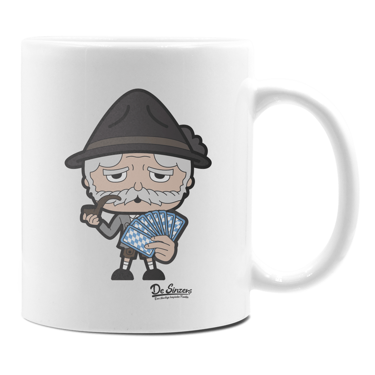 Da Oid Sinzer Schafkopfen Keramik Kaffeetasse 330ml Weiss Rampoldplatte Front