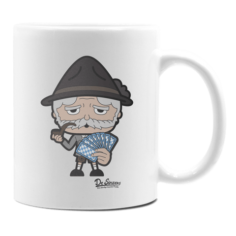 Da Oid Sinzer Schafkopfen Keramik Kaffeetasse 330ml Weiss Rampoldplatte Front