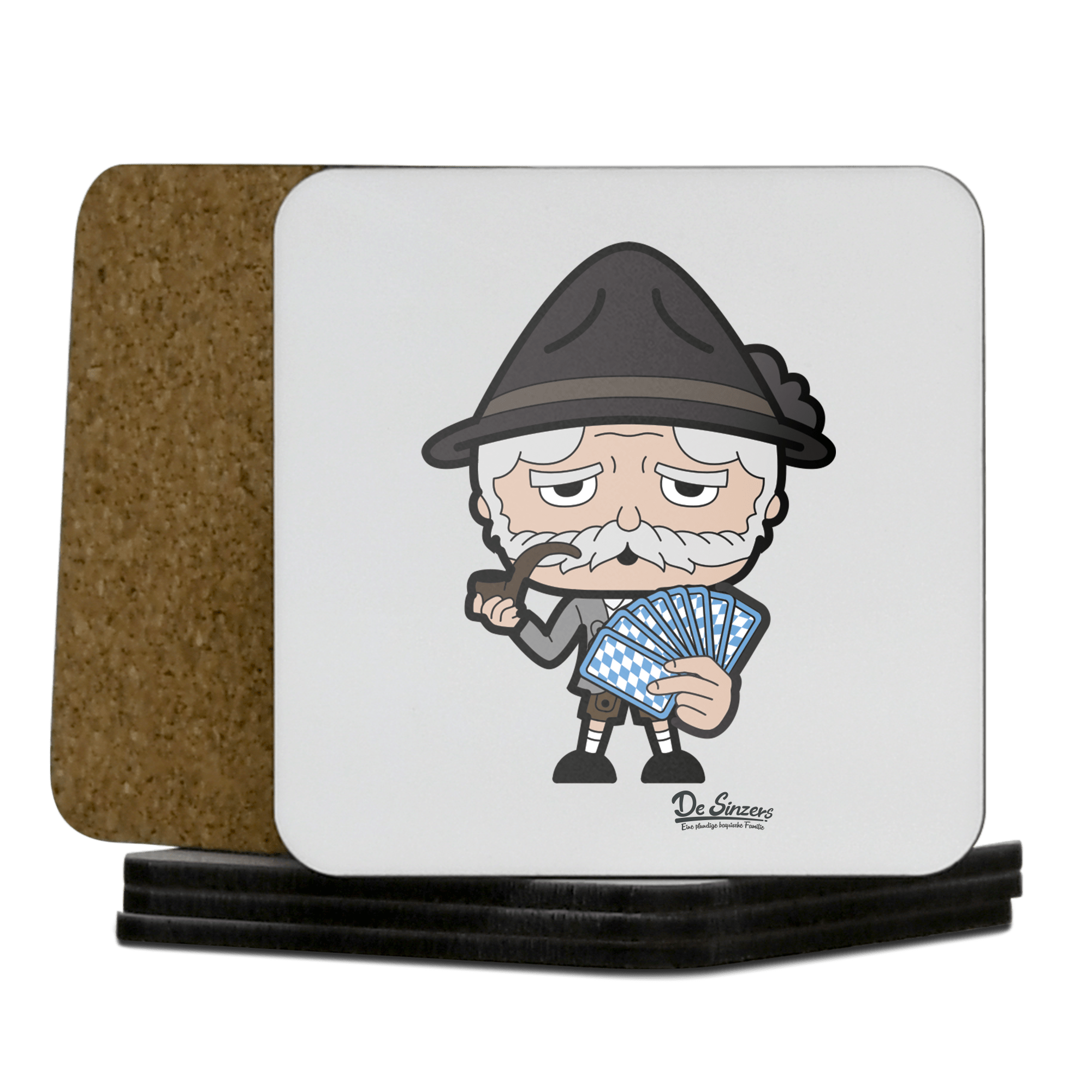 Da Oid Sinzer Schafkopfen Korkuntersetzer 5er Set 95 x 95 mm Weiss Karkopf Front