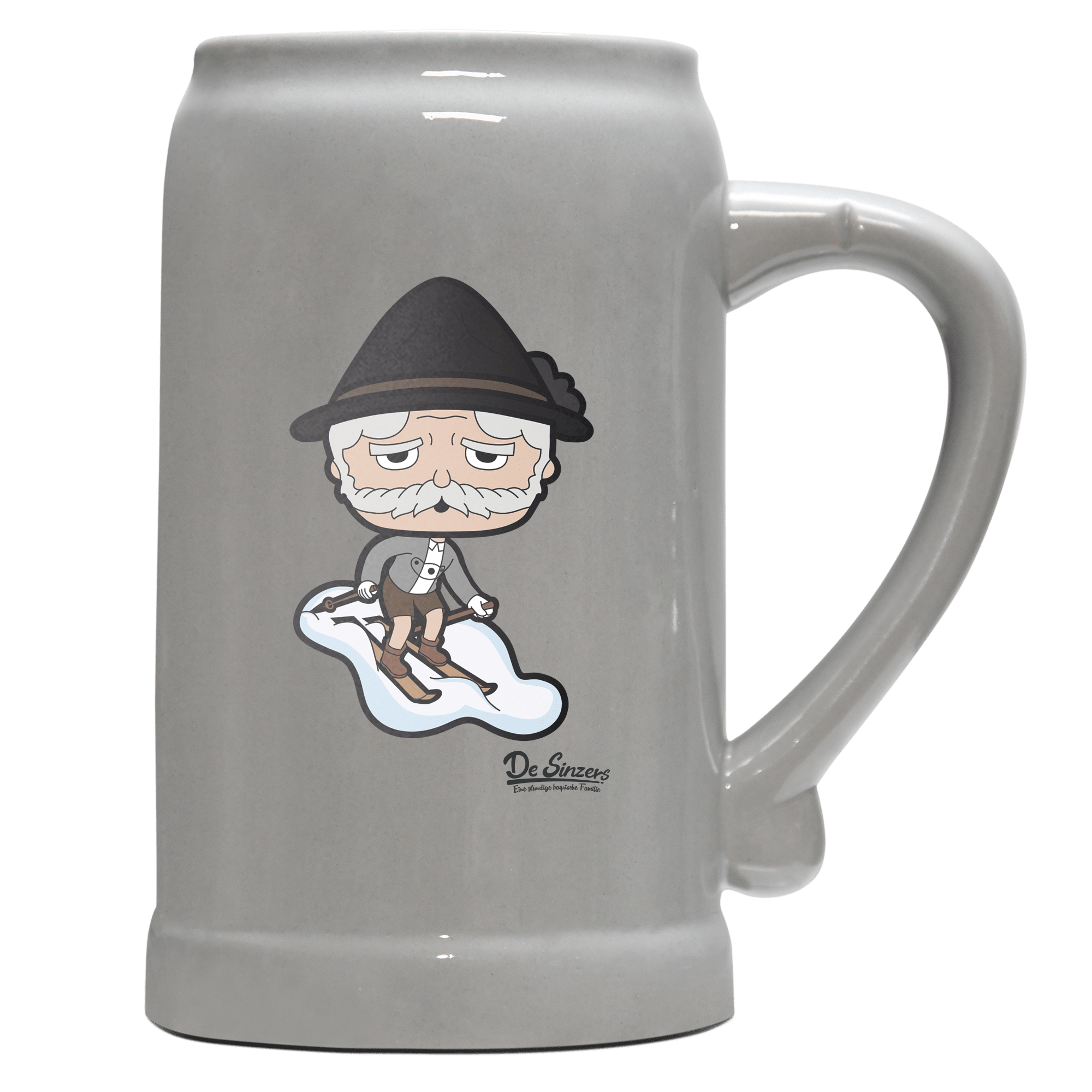 Da Oid Sinzer Skifahrer Bierkrug 1000ml Grau Zugspitze Front
