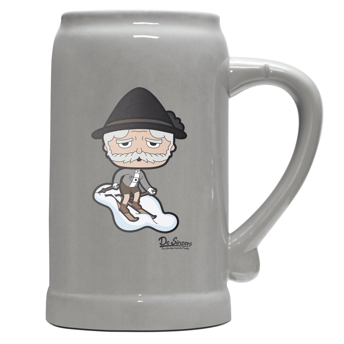 Da Oid Sinzer Skifahrer Bierkrug 1000ml Grau Zugspitze Front