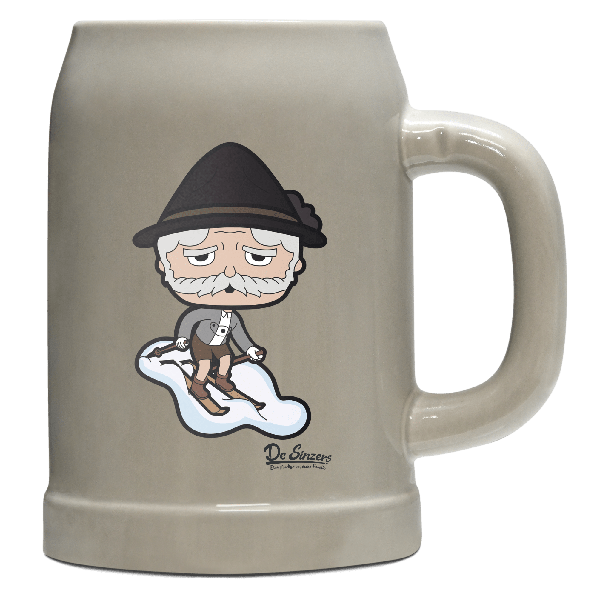 Da Oid Sinzer Skifahrer Bierkrug 500ml Grau Watzmann Front