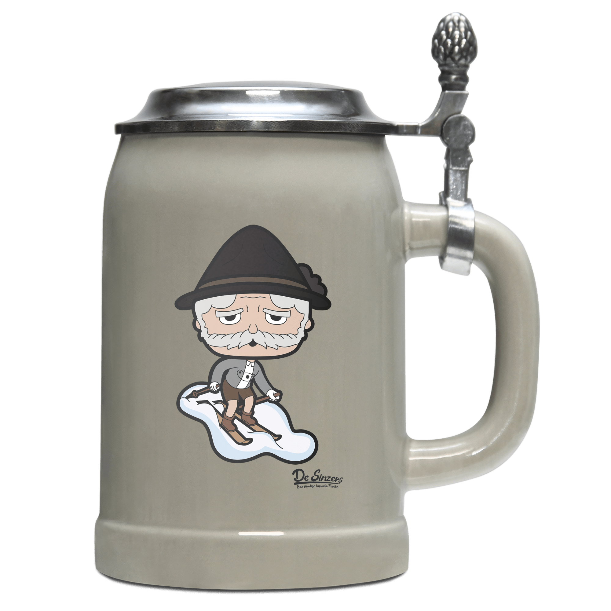 Da Oid Sinzer Skifahrer Bierkrug 500ml Grau mit Deckel Hocheck Front