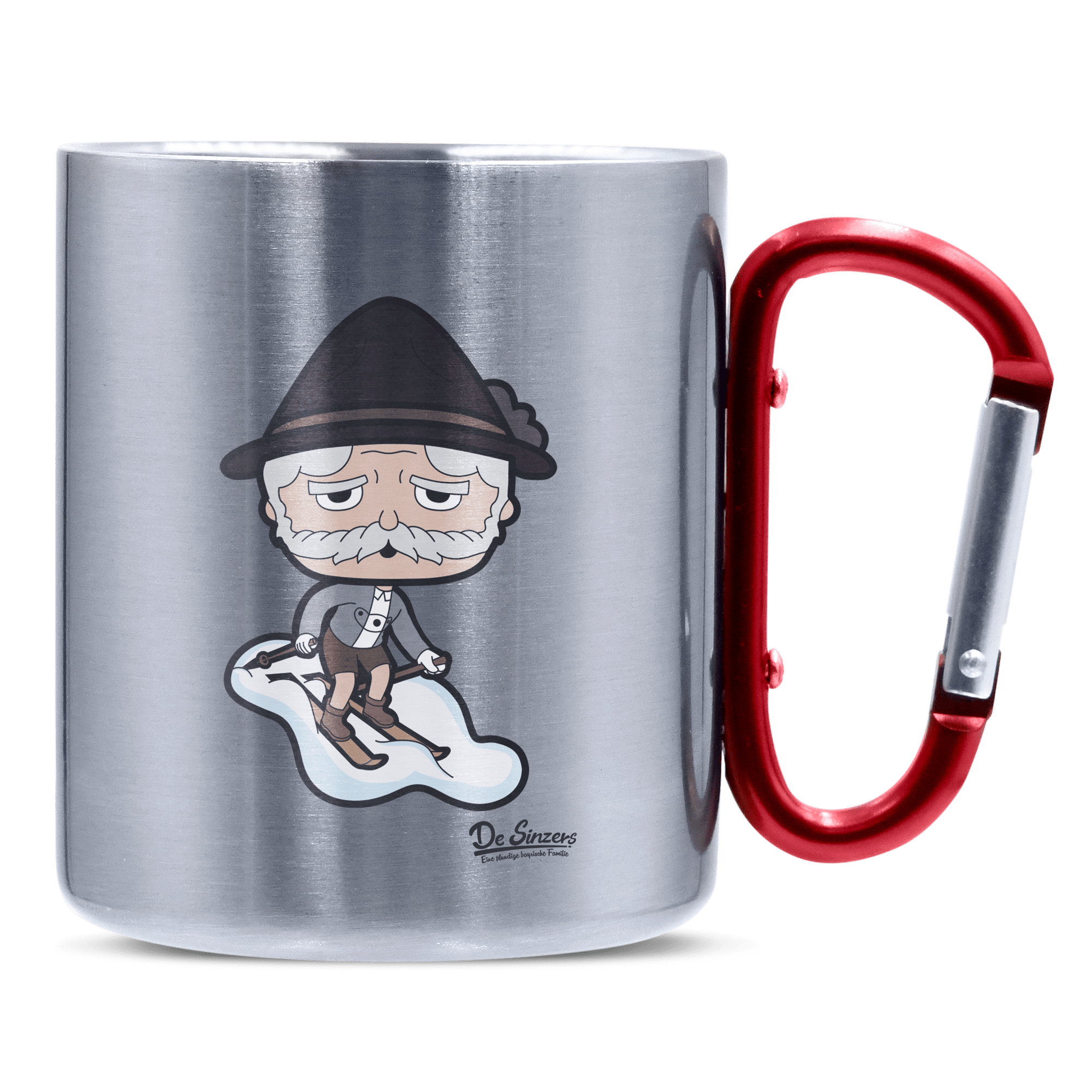 Da Oid Sinzer Skifahrer Edelstahl Kaffeetasse roter Karabiner 320ml Kitzstein Front