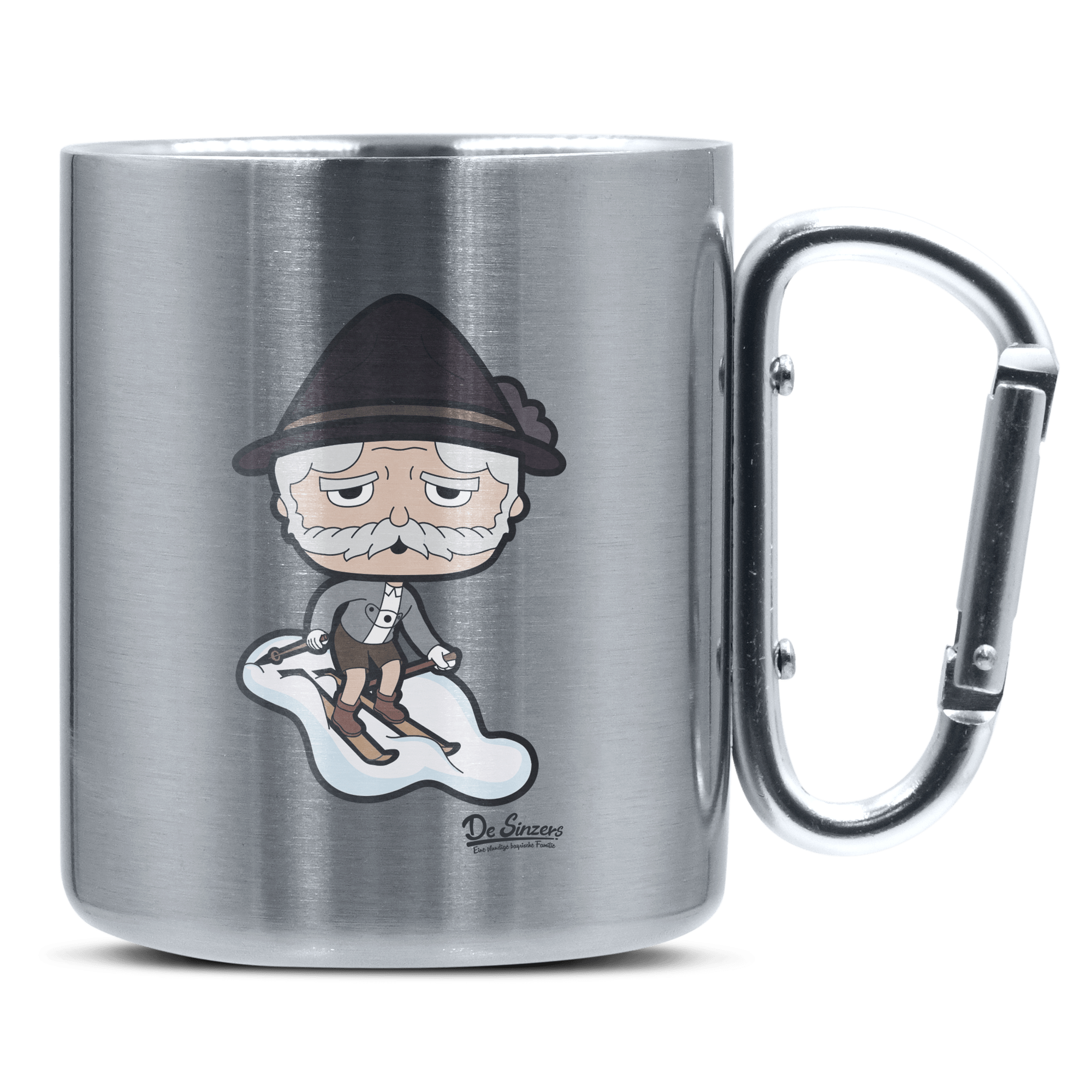 Da Oid Sinzer Skifahrer Edelstahl Kaffeetasse silberer Karabiner 320ml Grosser Traithen Front