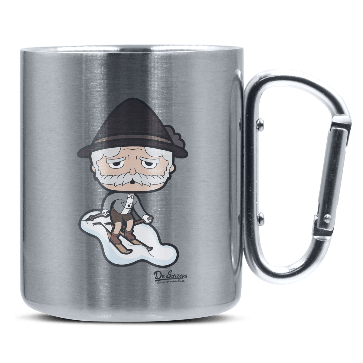 Da Oid Sinzer Skifahrer Edelstahl Kaffeetasse silberer Karabiner 320ml Grosser Traithen Front