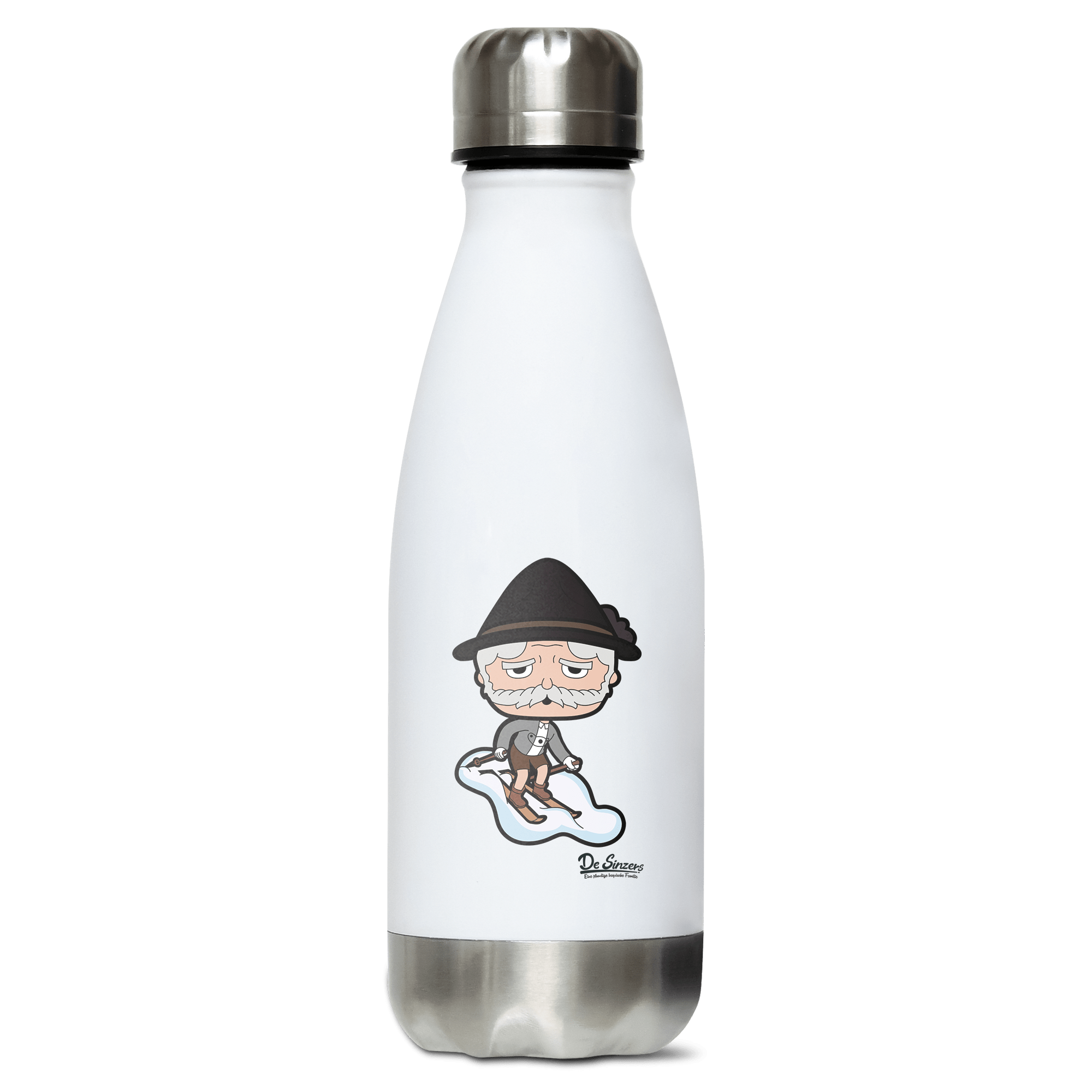 Da Oid Sinzer Skifahrer Edelstahl Thermoflasche 350ml Weiss Silber Kreuzspitze Front