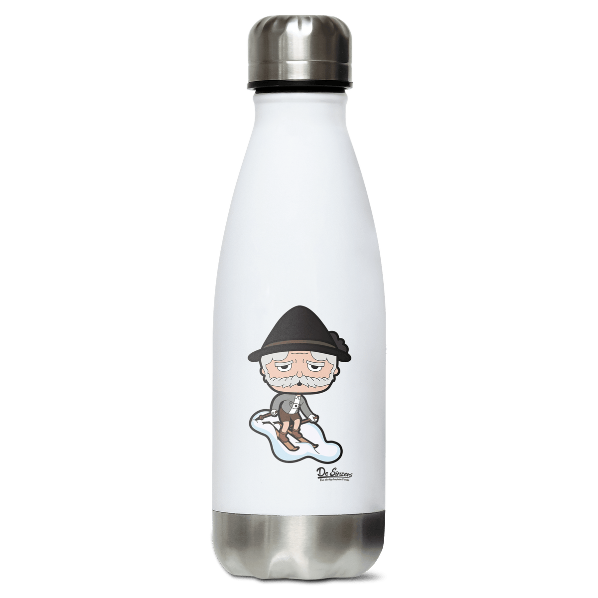 Da Oid Sinzer Skifahrer Edelstahl Thermoflasche 350ml Weiss Silber Kreuzspitze Front