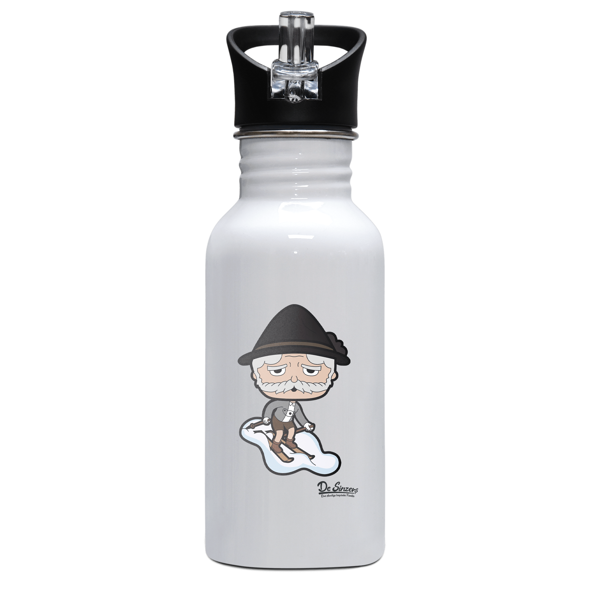 Da Oid Sinzer Skifahrer Edelstahl Trinkflasche mit klappbarem Mundstueck 500ml Weiss Rotwand Front