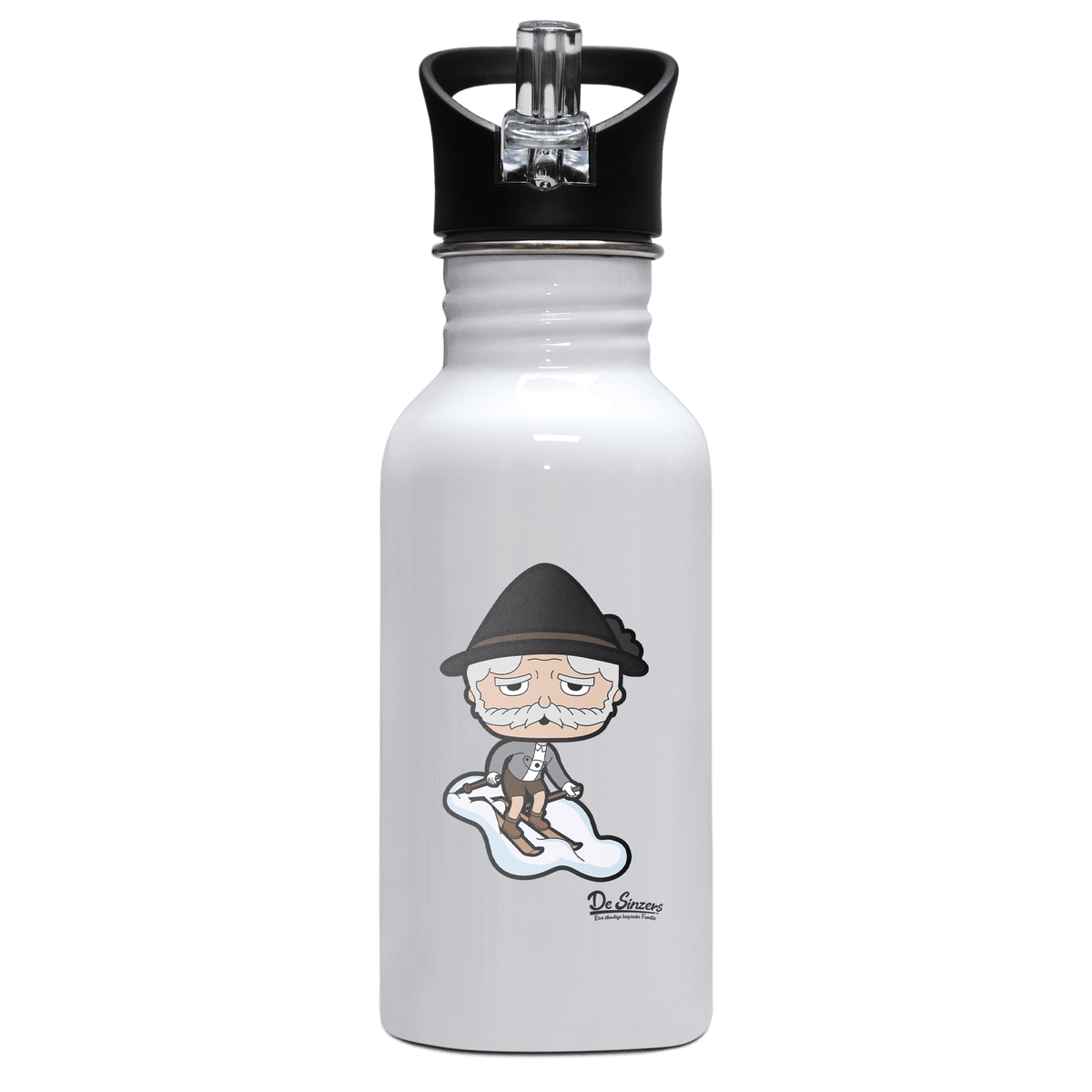 Da Oid Sinzer Skifahrer Edelstahl Trinkflasche mit klappbarem Mundstueck 500ml Weiss Rotwand Front