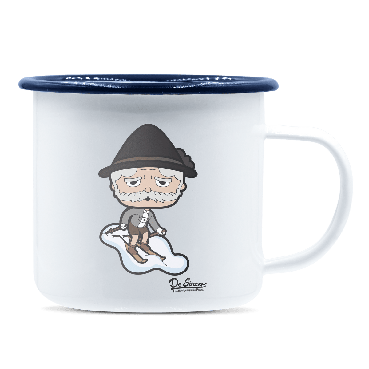 Da Oid Sinzer Skifahrer Emaille Tasse 375ml Weiss Blau Heuberg Front