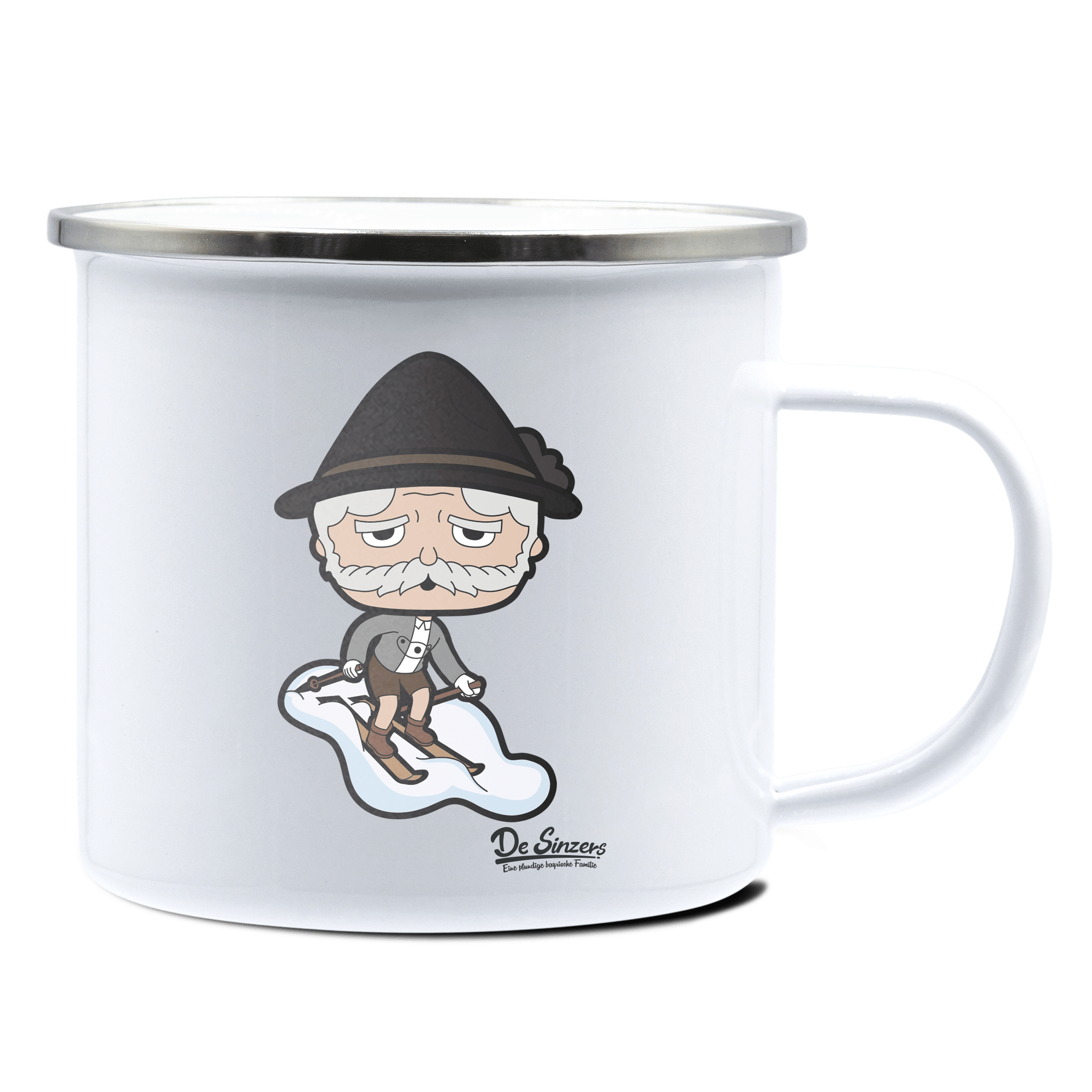 Da Oid Sinzer Skifahrer Emaille Tasse 375ml Weiss Silber Kampenwand Front