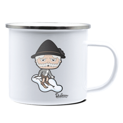 Da Oid Sinzer Skifahrer Emaille Tasse 375ml Weiss Silber Kampenwand Front