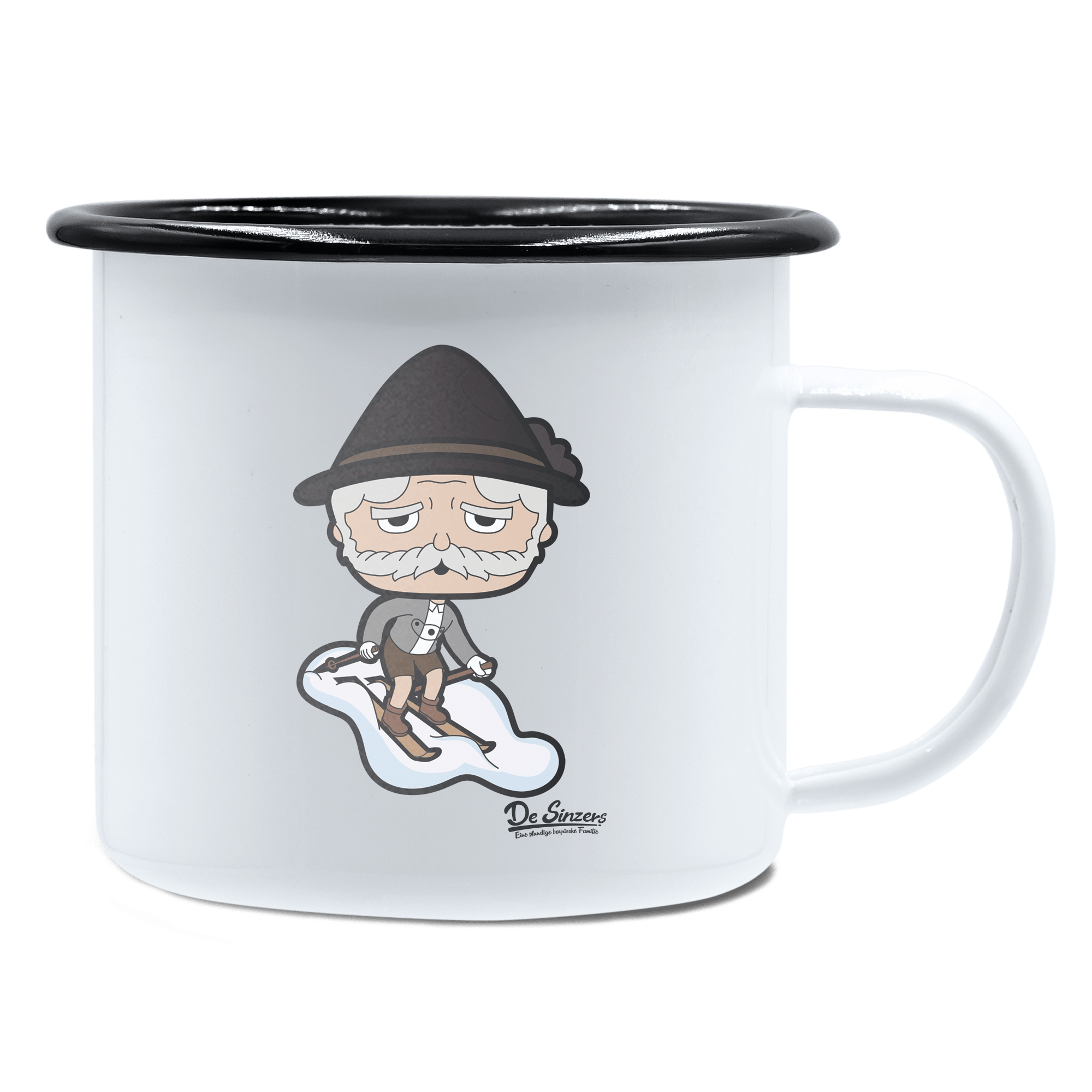 Da Oid Sinzer Skifahrer Emaille Tasse 450ml Weiss Schwarz Spitzstein Front