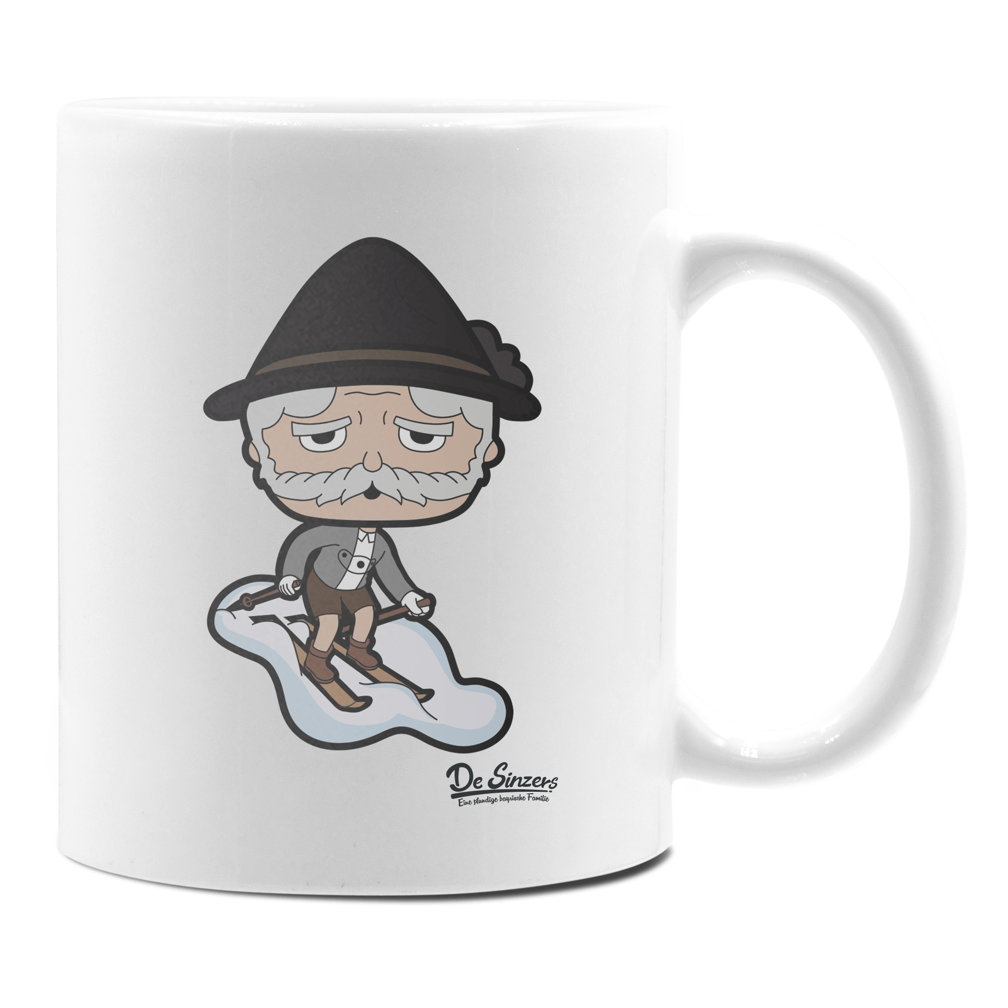 Da Oid Sinzer Skifahrer Keramik Kaffeetasse 330ml Weiss Rampoldplatte Front