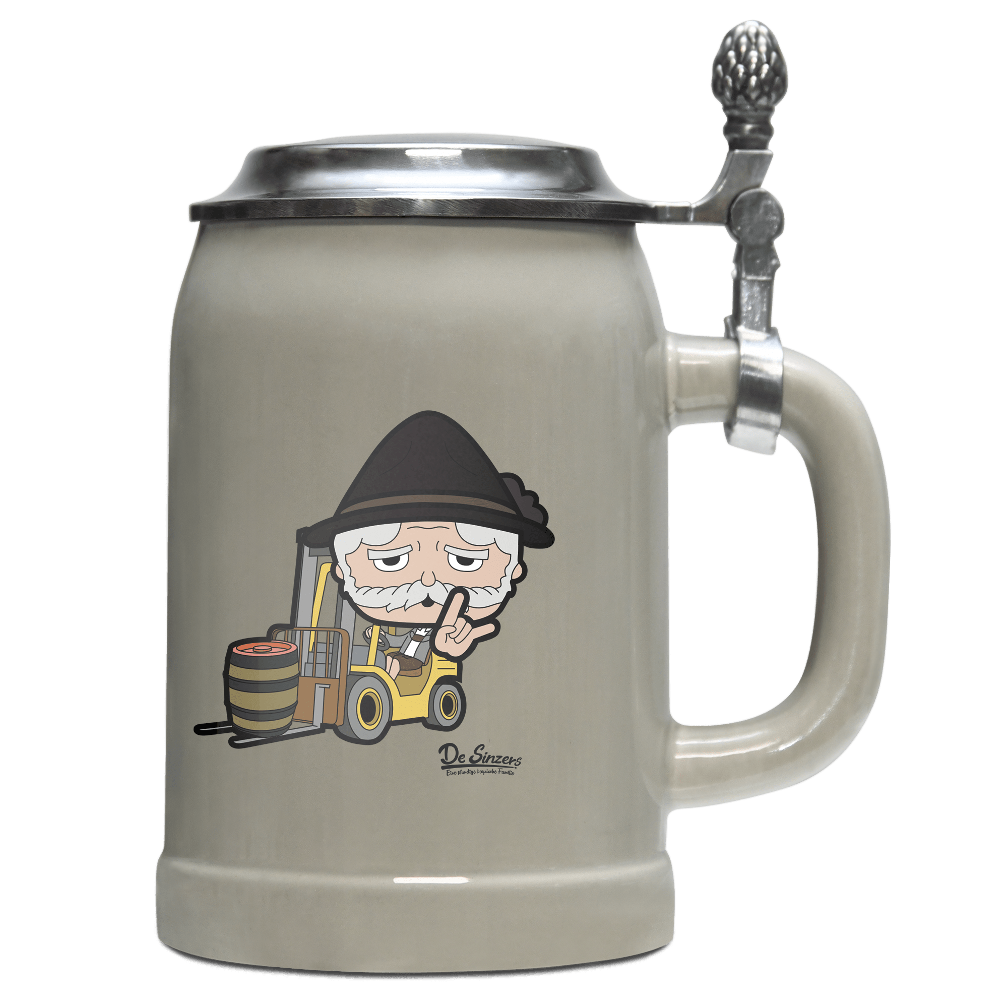 Da Oid Sinzer Staplerfahrer Bierkrug 500ml Grau mit Deckel Hocheck Front