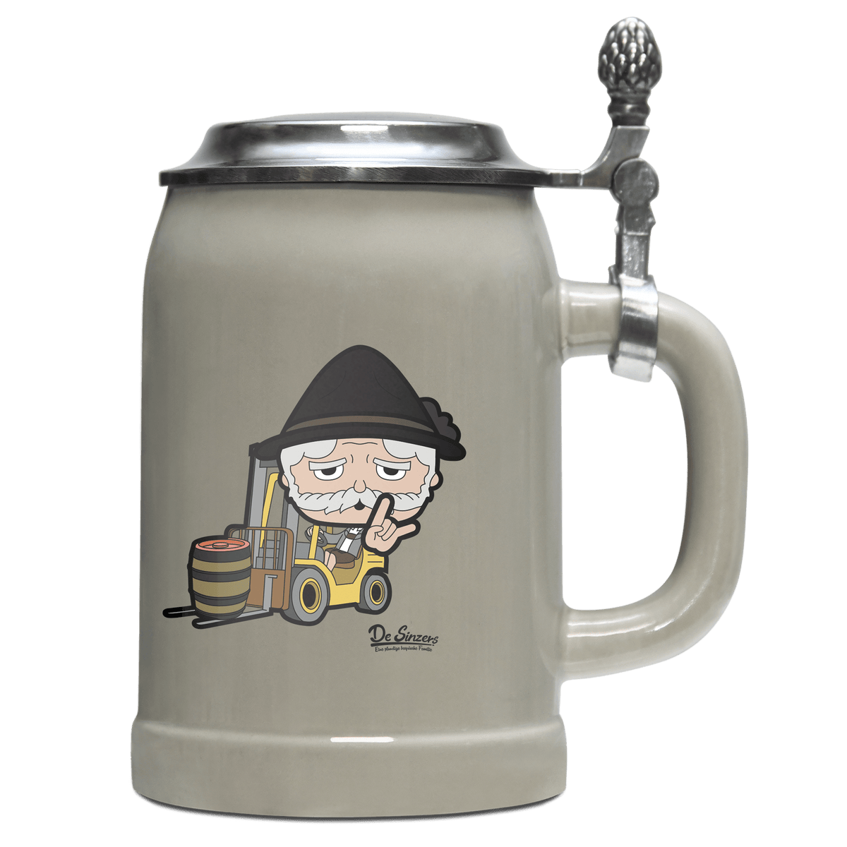 Da Oid Sinzer Staplerfahrer Bierkrug 500ml Grau mit Deckel Hocheck Front