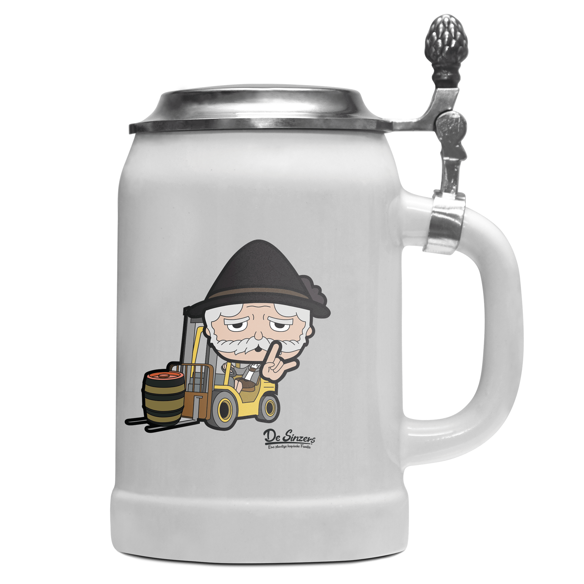 Da Oid Sinzer Staplerfahrer Bierkrug 500ml Weiss mit Deckel Wetterspitzen Front