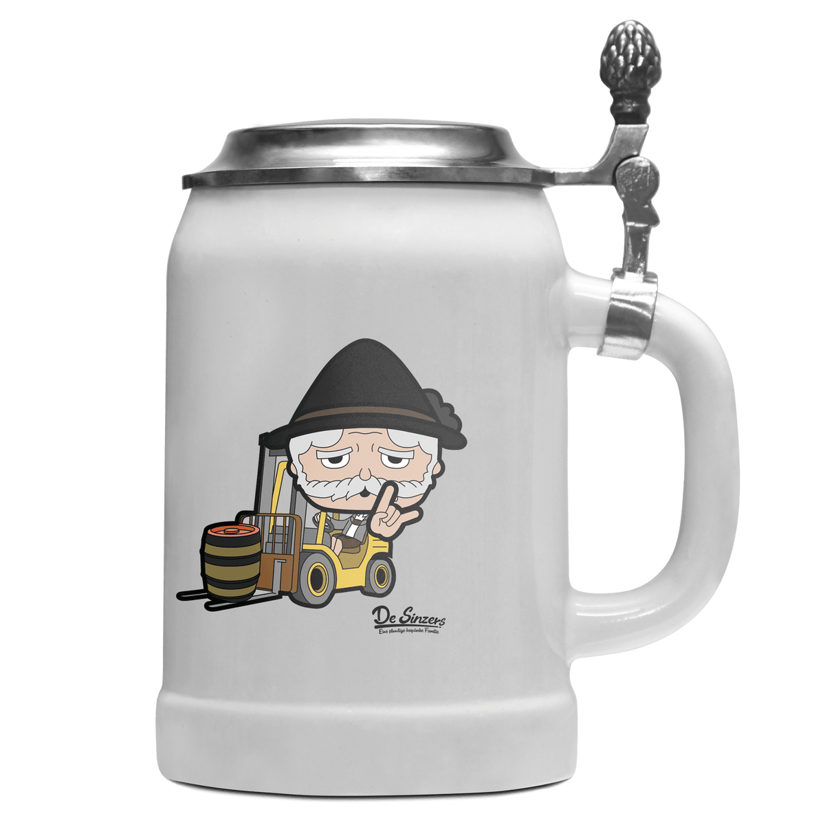 Da Oid Sinzer Staplerfahrer Bierkrug 500ml Weiss mit Deckel Wetterspitzen Front