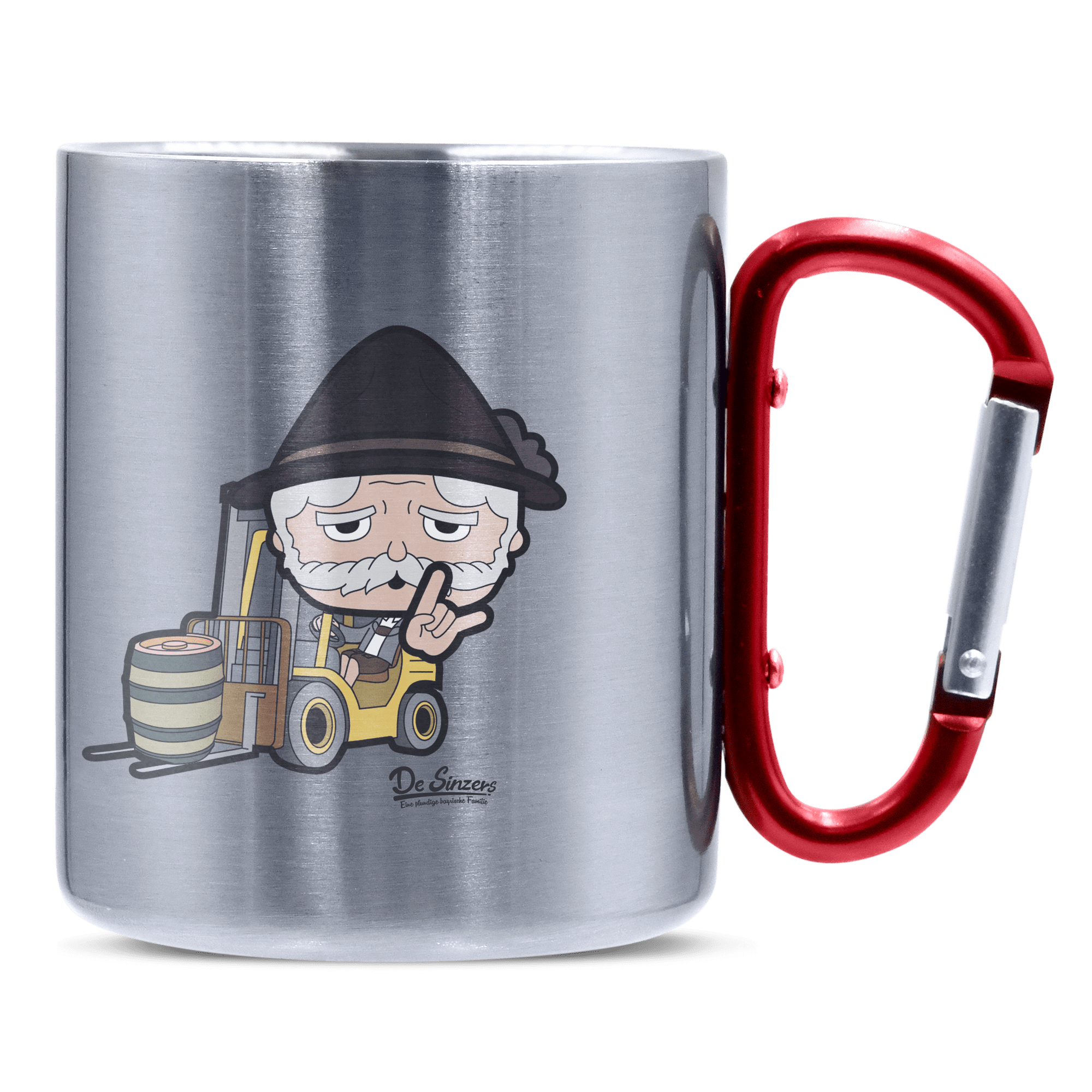 Da Oid Sinzer Staplerfahrer Edelstahl Kaffeetasse roter Karabiner 320ml Kitzstein Front