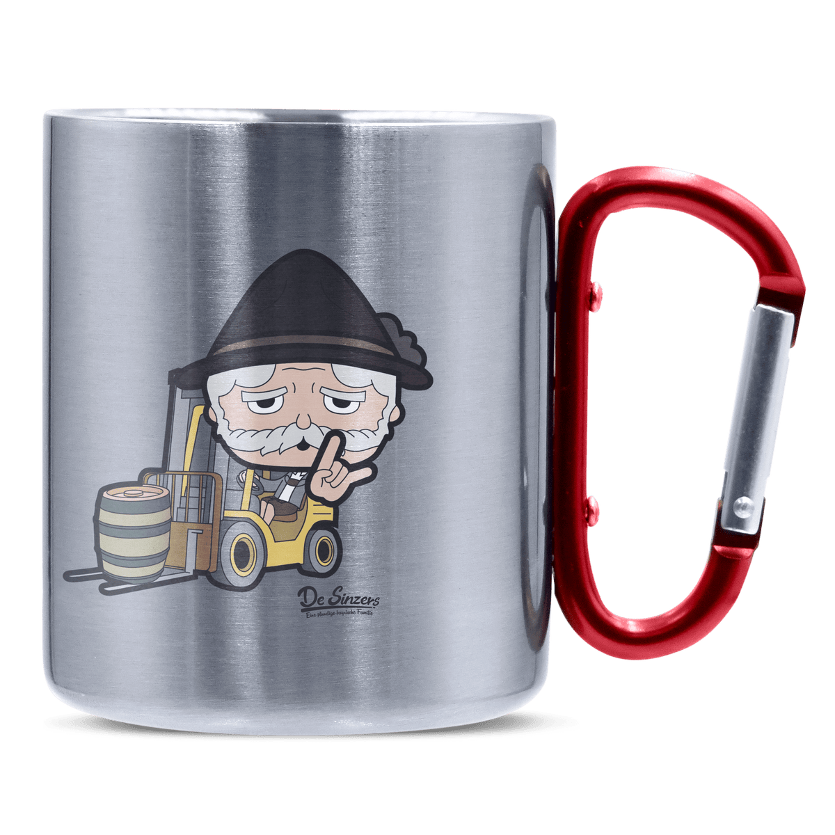 Da Oid Sinzer Staplerfahrer Edelstahl Kaffeetasse roter Karabiner 320ml Kitzstein Front