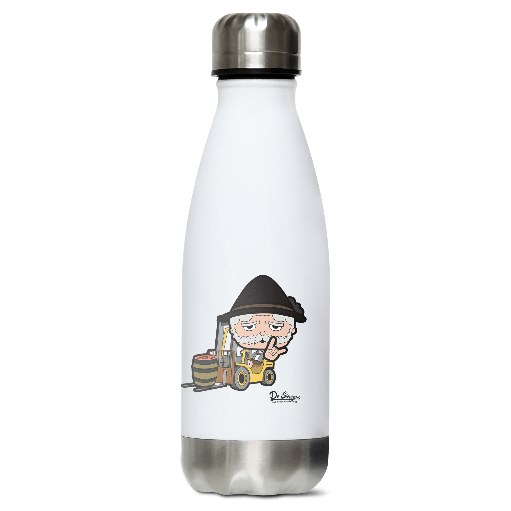 Da Oid Sinzer Staplerfahrer Edelstahl Thermoflasche 350ml Weiss Silber Kreuzspitze Front